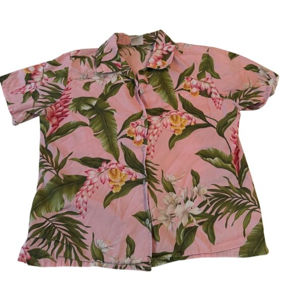 Barefoot In Paradise Pink Tropical Floral Button-Up Shirt Cotton Medium - Picture 1 of 6